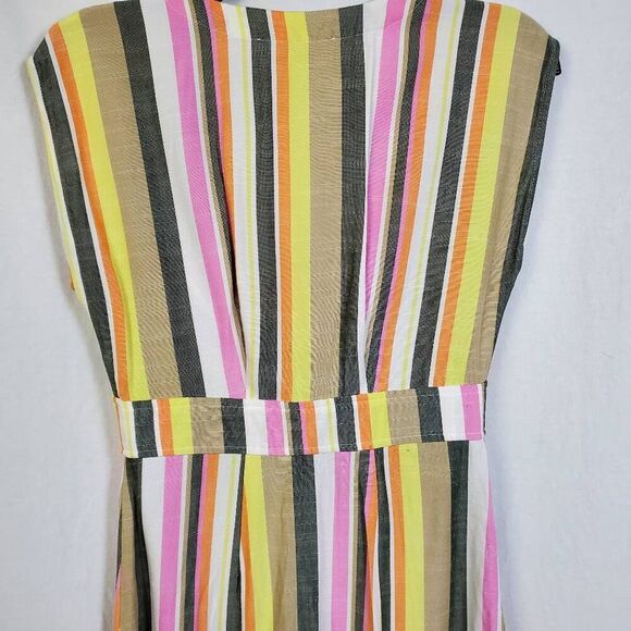 LOFT Petites Button Front Dress Multicolor Striped Sleeveless V-Neck 0P Viscose - Picture 4 of 8